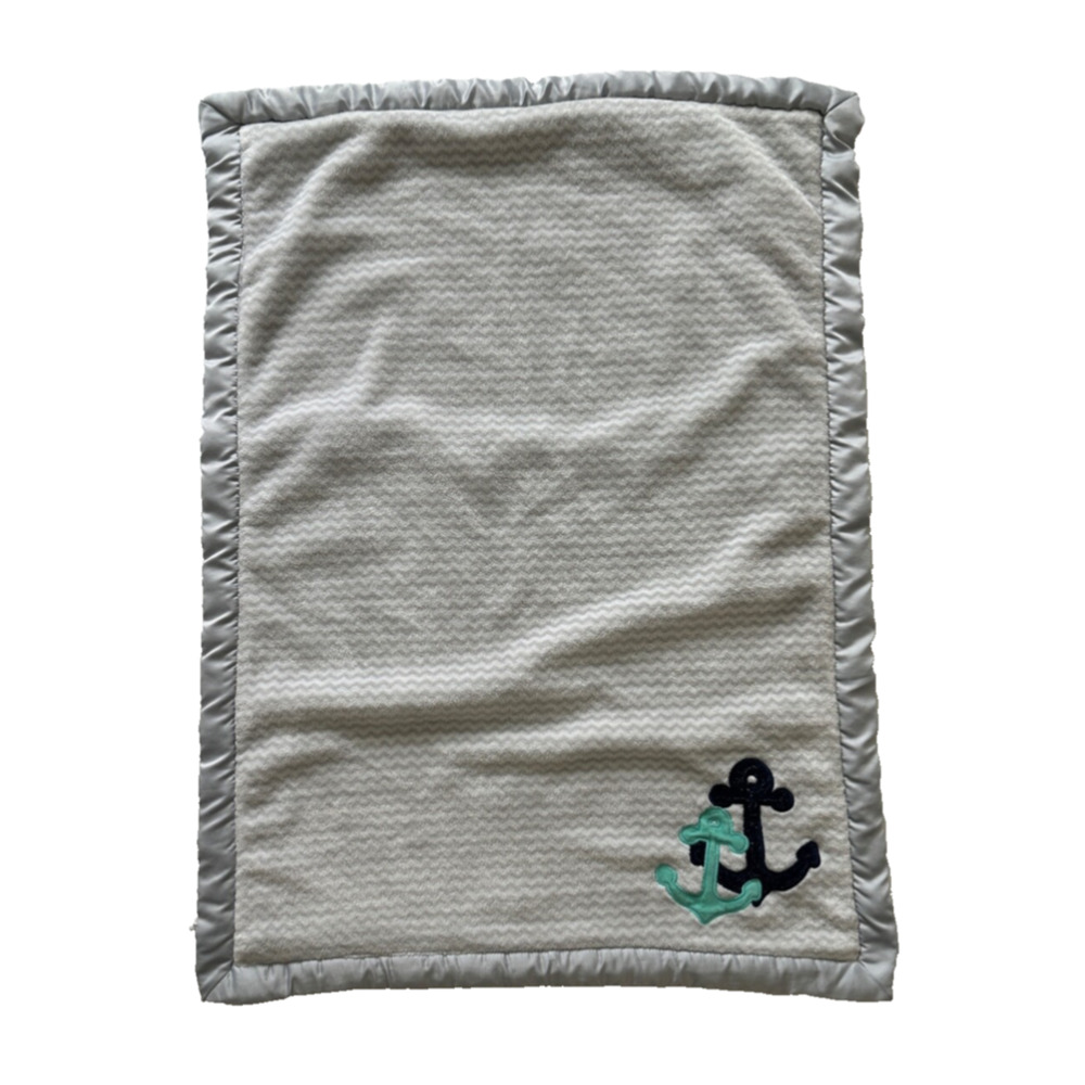 Wendy Bellissimo Gray Blue Chevron Satin Edge Baby Blanket Lovey Anchor Zigzag